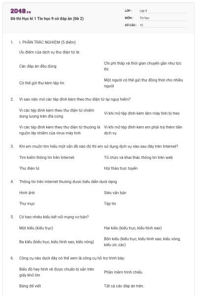 Đề thi Học kì 1 Tin học 9 có đáp án (Đề 2)