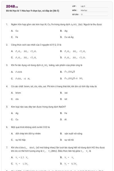Đề thi Học kì 1 Hóa học 9 chọn lọc, có đáp án (Đề 5)