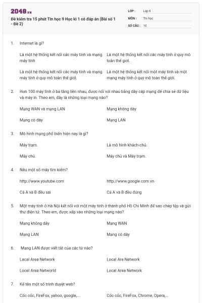 Đề kiểm tra 15 phút Tin học 9 Học kì 1 có đáp án (Bài số 1 - Đề 2)