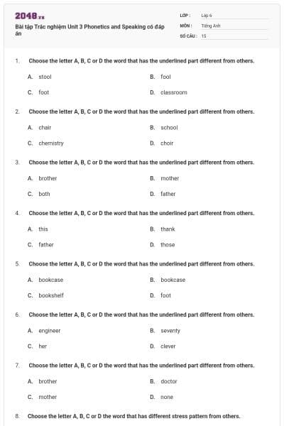 Bài tập Trắc nghiệm Unit 3 Phonetics and Speaking có đáp án