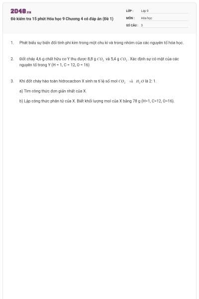Đề kiểm tra 15 phút Hóa học 9 Chương 4 có đáp án (Đề 1)