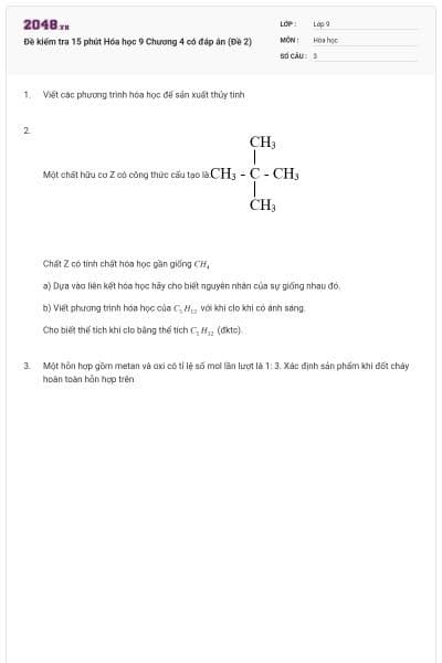 Đề kiểm tra 15 phút Hóa học 9 Chương 4 có đáp án (Đề 2)