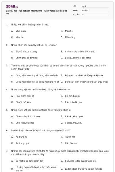 25 câu hỏi Trắc nghiệm Môi trường - Sinh vật (đề 2) có đáp án