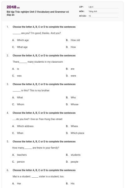 Bài tập Trắc nghiệm Unit 3 Vocabulary and Grammar có đáp án