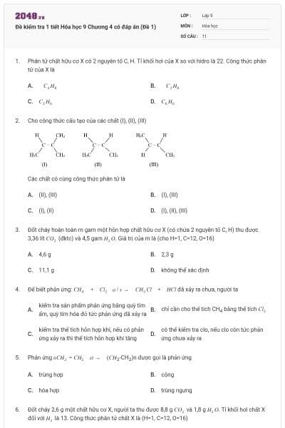 Đề kiểm tra 1 tiết Hóa học 9 Chương 4 có đáp án (Đề 1)