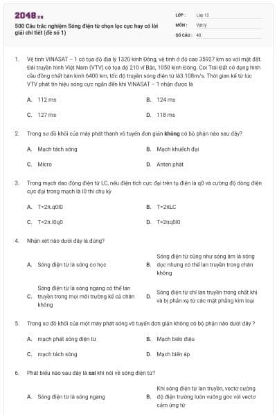 500 Câu trắc nghiệm Sóng điện từ chọn lọc cực hay có lời giải chi tiết (đề số 1)