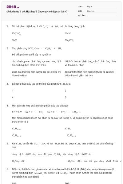Đề kiểm tra 1 tiết Hóa học 9 Chương 4 có đáp án (Đề 4)