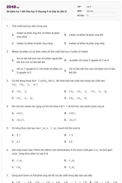 Đề kiểm tra 1 tiết Hóa học 9 Chương 4 có đáp án (Đề 2)