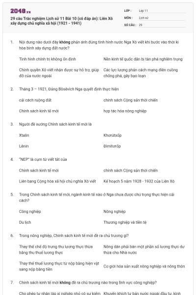 29 câu Trắc nghiệm Lịch sử 11 Bài 10 (có đáp án): Liên Xô xây dựng chủ nghĩa xã hội (1921 - 1941)