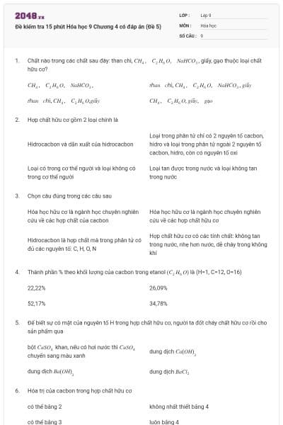 Đề kiểm tra 15 phút Hóa học 9 Chương 4 có đáp án (Đề 5)