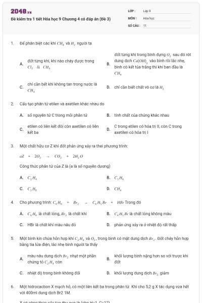 Đề kiểm tra 1 tiết Hóa học 9 Chương 4 có đáp án (Đề 3)