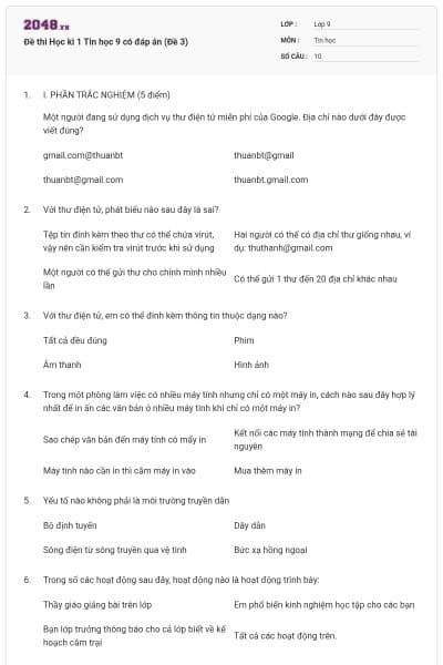 Đề thi Học kì 1 Tin học 9 có đáp án (Đề 3)