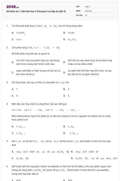 Đề kiểm tra 1 tiết Hóa học 9 Chương 4 có đáp án (Đề 4)