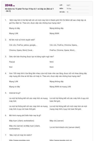 Đề kiểm tra 15 phút Tin học 9 Học kì 1 có đáp án (Bài số 1 - Đề 3)