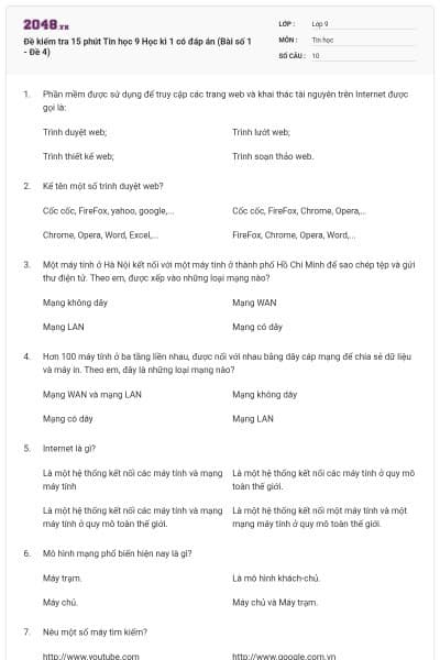 Đề kiểm tra 15 phút Tin học 9 Học kì 1 có đáp án (Bài số 1 - Đề 4)