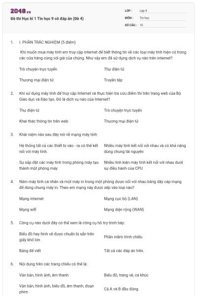 Đề thi Học kì 1 Tin học 9 có đáp án (Đề 4)