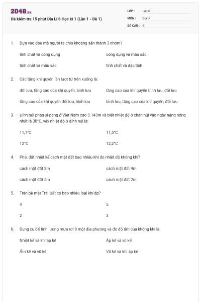 Đề kiểm tra 15 phút Địa Lí 6 Học kì 1 (Lần 1 - Đề 1)