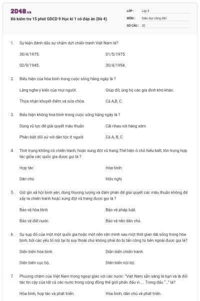 Đề kiểm tra 15 phút GDCD 9 Học kì 1 có đáp án (Đề 4)
