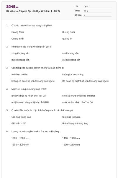 Đề kiểm tra 15 phút Địa Lí 6 Học kì 1 (Lần 1 - Đề 2)