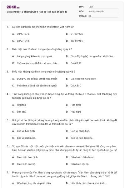 Đề kiểm tra 15 phút GDCD 9 Học kì 1 có đáp án (Đề 4)