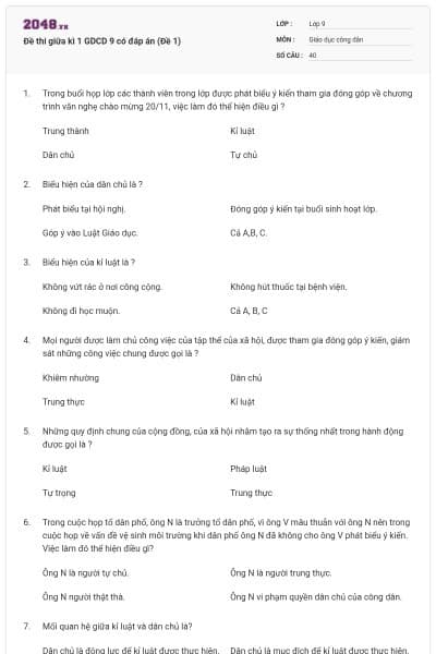 Đề thi giữa kì 1 GDCD 9 có đáp án (Đề 1)