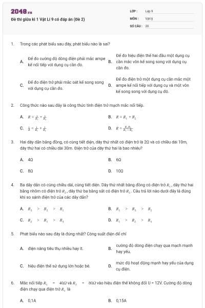 Đề thi giữa kì 1 Vật Lí 9 có đáp án (Đề 2)