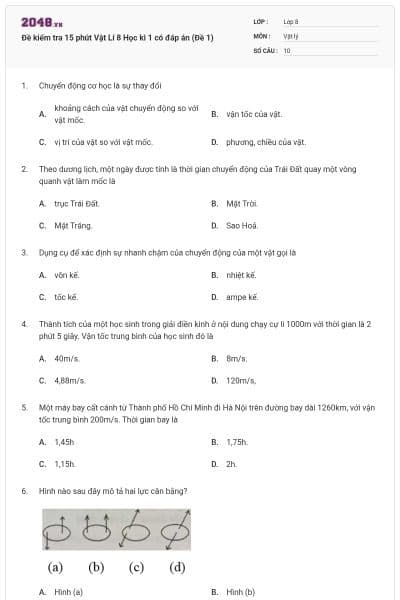 Đề kiểm tra 15 phút Vật Lí 8 Học kì 1 có đáp án (Đề 1)