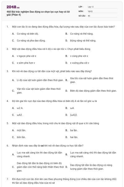 460 Bài trắc nghiệm Dao động cơ chọn lọc cực hay có lời giải (Phần 4)