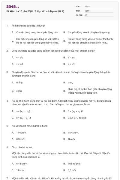 Đề kiểm tra 15 phút Vật Lí 8 Học kì 1 có đáp án (Đề 2)