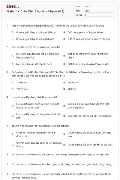 Đề kiểm tra 15 phút Vật Lí 8 Học kì 1 có đáp án (Đề 4)