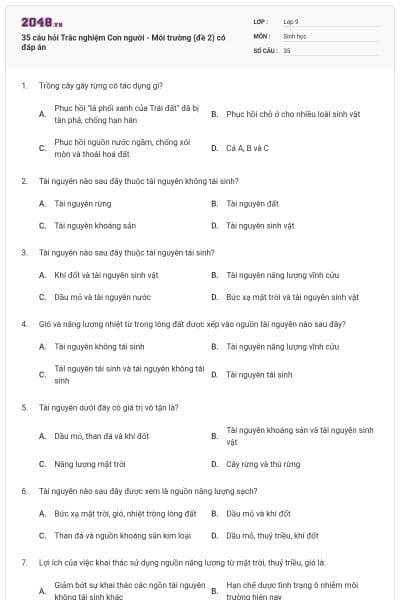 35 câu hỏi Trắc nghiệm Con người - Môi trường (đề 2) có đáp án
