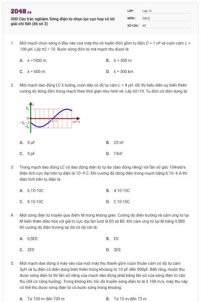 500 Câu trắc nghiệm Sóng điện từ chọn lọc cực hay có lời giải chi tiết (đề số 3)