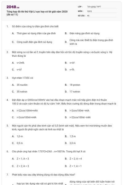 Tổng hợp đề thi thử Vật Lí cực hay có lời giải năm 2020 (đề số 11)