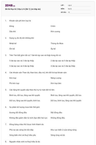 Đề thi Học kì 2 Địa Lí 6 (Đề 1) (có đáp án)