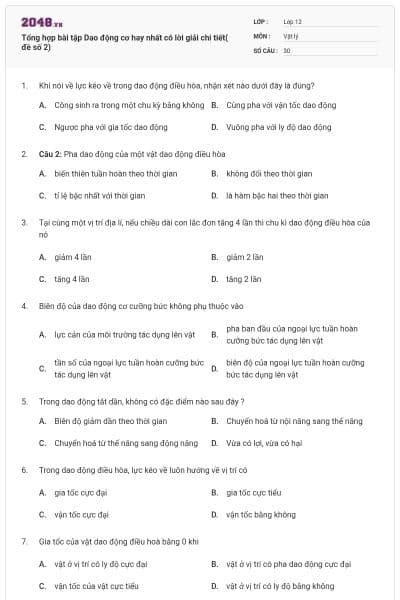Tổng hợp bài tập Dao động cơ hay nhất có lời giải chi tiết( đề số 2)