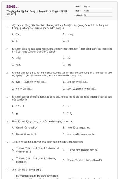 Tổng hợp bài tập Dao động cơ hay nhất có lời giải chi tiết (đề số 3)