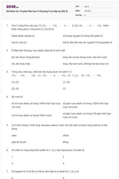 Đề kiểm tra 15 phút Hóa học 9 Chương 5 có đáp án (Đề 5)