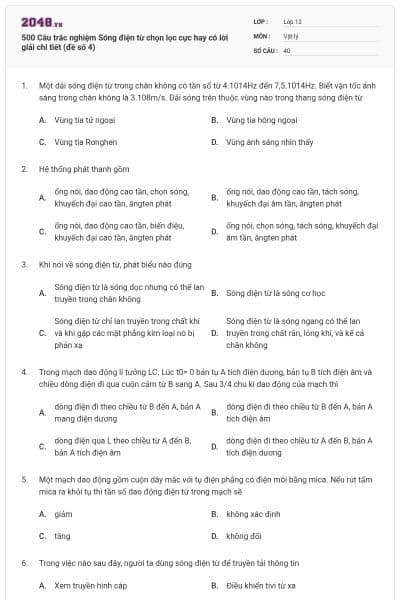 500 Câu trắc nghiệm Sóng điện từ chọn lọc cực hay có lời giải chi tiết (đề số 4)