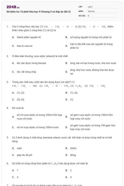 Đề kiểm tra 15 phút Hóa học 9 Chương 5 có đáp án (Đề 5)