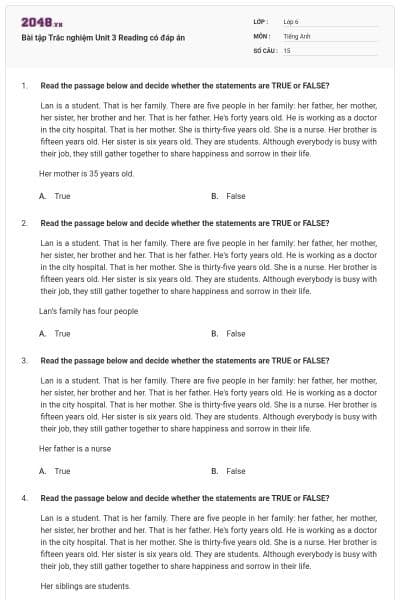 Bài tập Trắc nghiệm Unit 3 Reading có đáp án