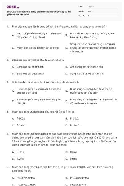 500 Câu trắc nghiệm Sóng điện từ chọn lọc cực hay có lời giải chi tiết (đề số 6)