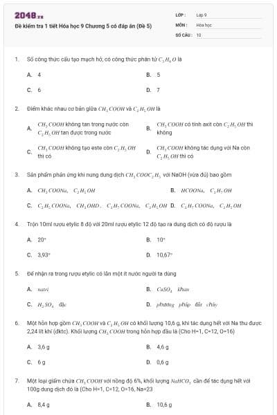 Đề kiểm tra 1 tiết Hóa học 9 Chương 5 có đáp án (Đề 5)