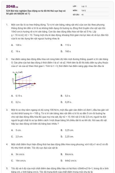 524 Bài trắc nghiệm Dao động cơ từ đề thi thử cực hay có lời giải chi tiết(Đề số 1)