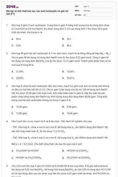 Bài tập về tính chất hóa học của Axit Cacboxylic có giải chi tiết (P1)