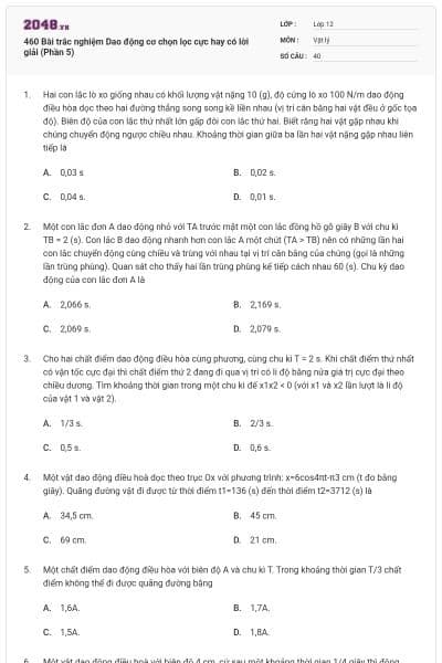 460 Bài trắc nghiệm Dao động cơ chọn lọc cực hay có lời giải (Phần 5)