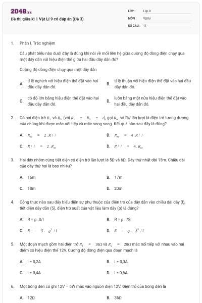 Đề thi giữa kì 1 Vật Lí 9 có đáp án (Đề 3)