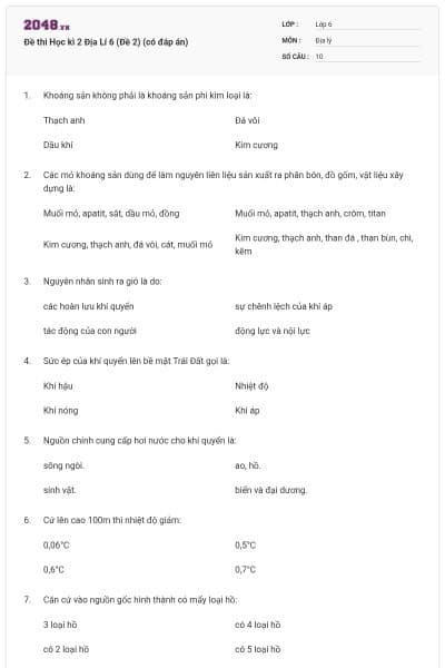 Đề thi Học kì 2 Địa Lí 6 (Đề 2) (có đáp án)