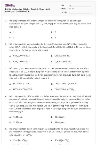 Bài tập về phản ứng đốt cháy Andehit - Xeton - Axit cacboxylic có giải chi tiết (P1)