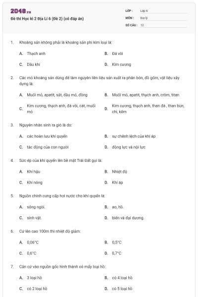 Đề thi Học kì 2 Địa Lí 6 (Đề 2) (có đáp án)