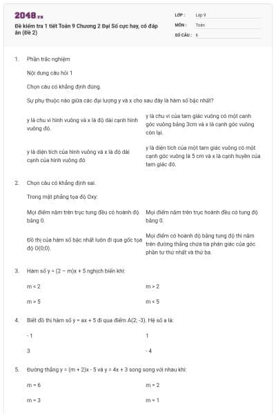 Đề kiểm tra 1 tiết Toán 9 Chương 2 Đại Số cực hay, có đáp án (Đề 2)